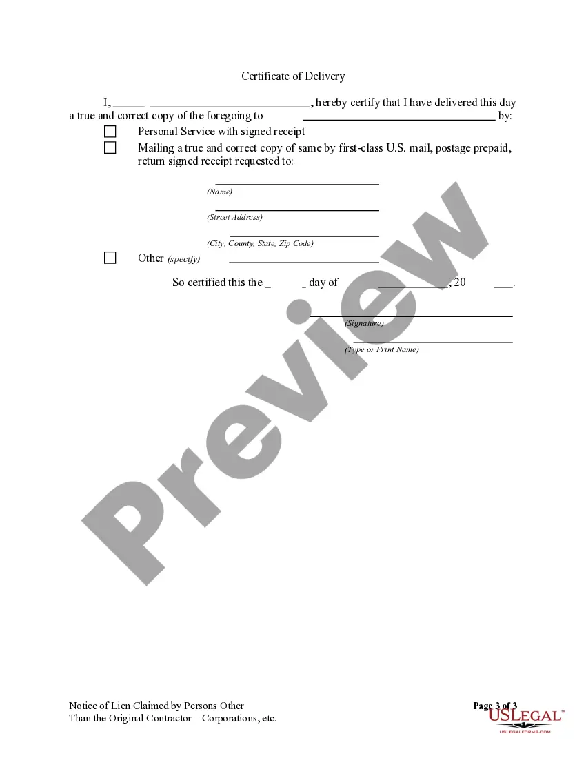 Preview Notice of Claim of Lien by Party Other than Original Contractor by Corporation