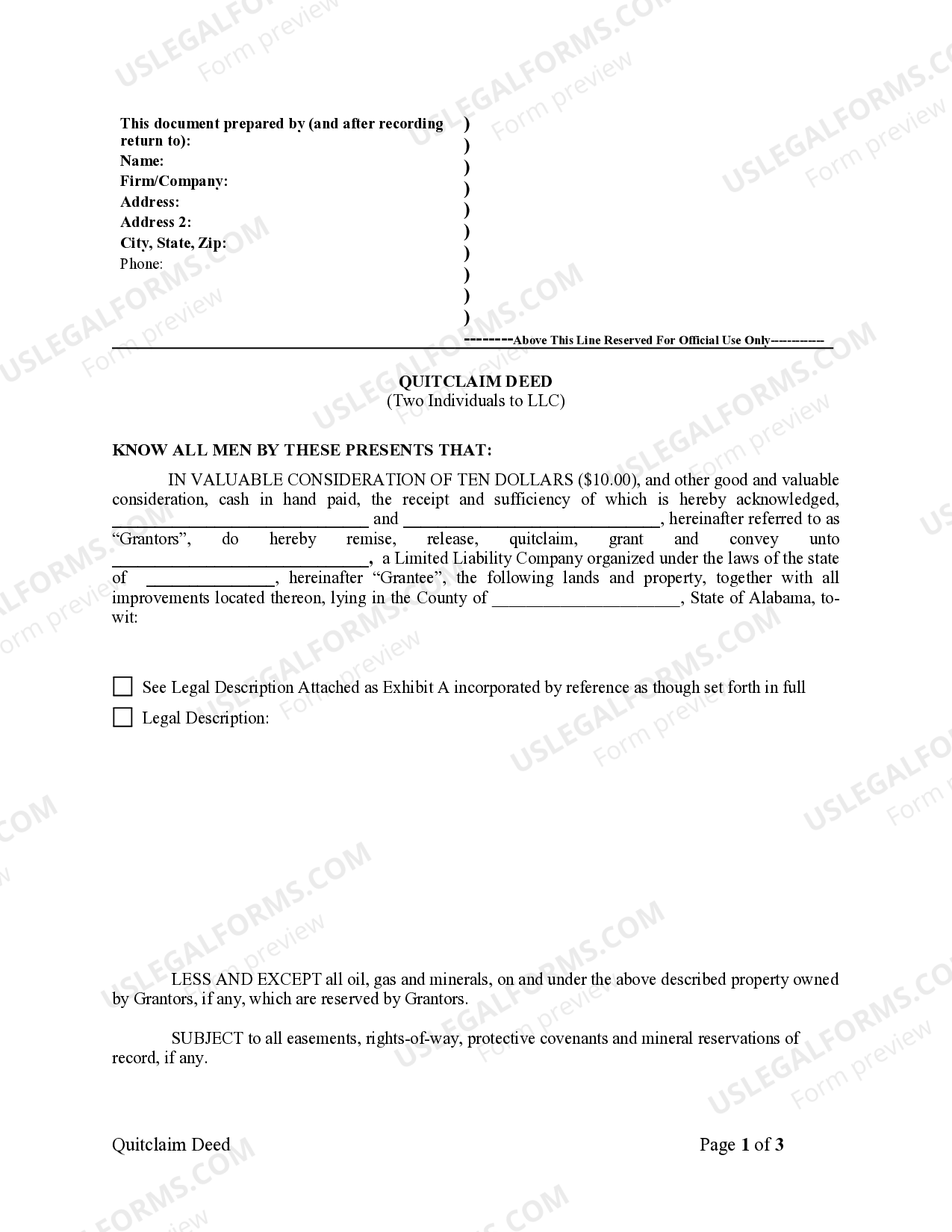 Alabama Quitclaim Deed by Two Individuals to LLC Alabama Quitclaim