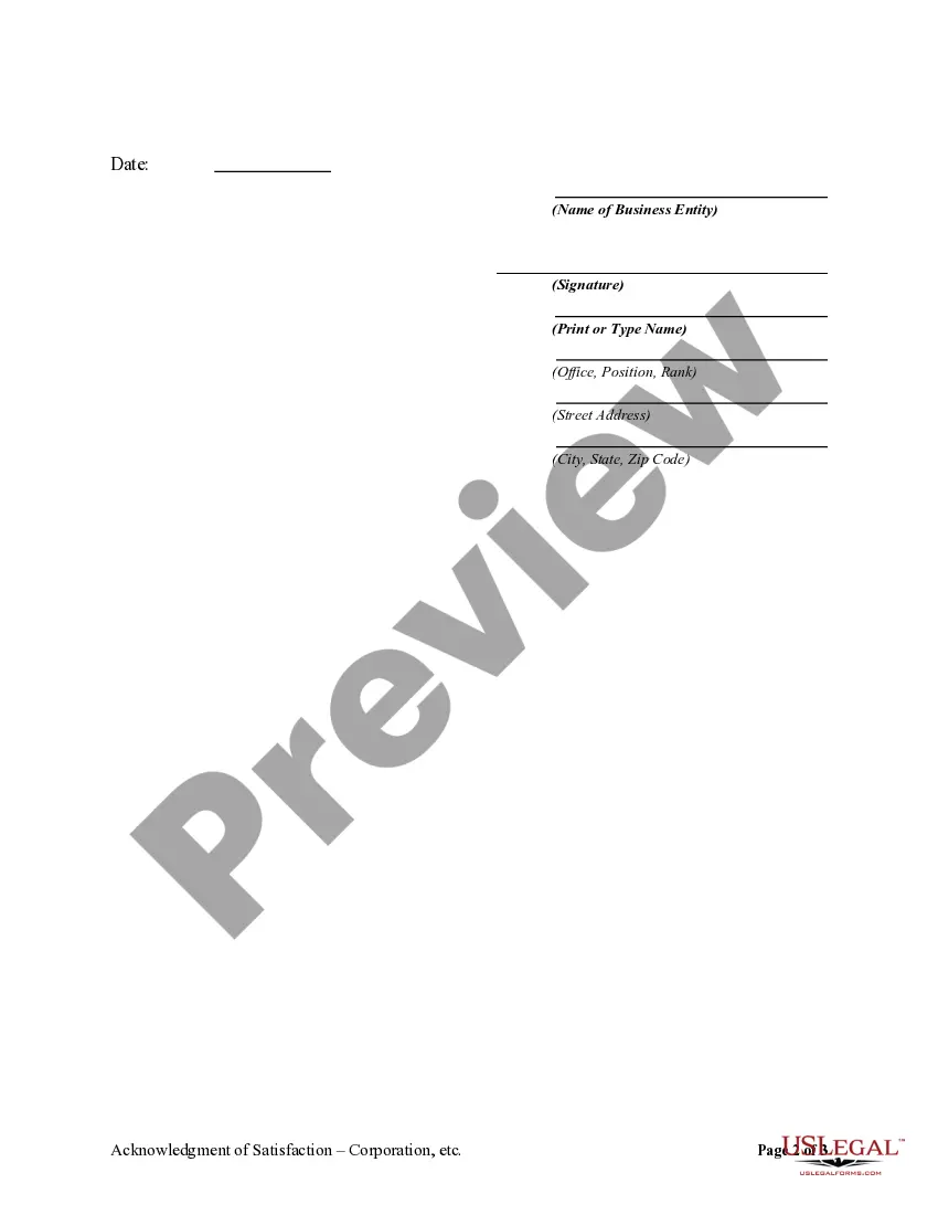 Preview Acknowledgment of Satisfaction by Corporation
