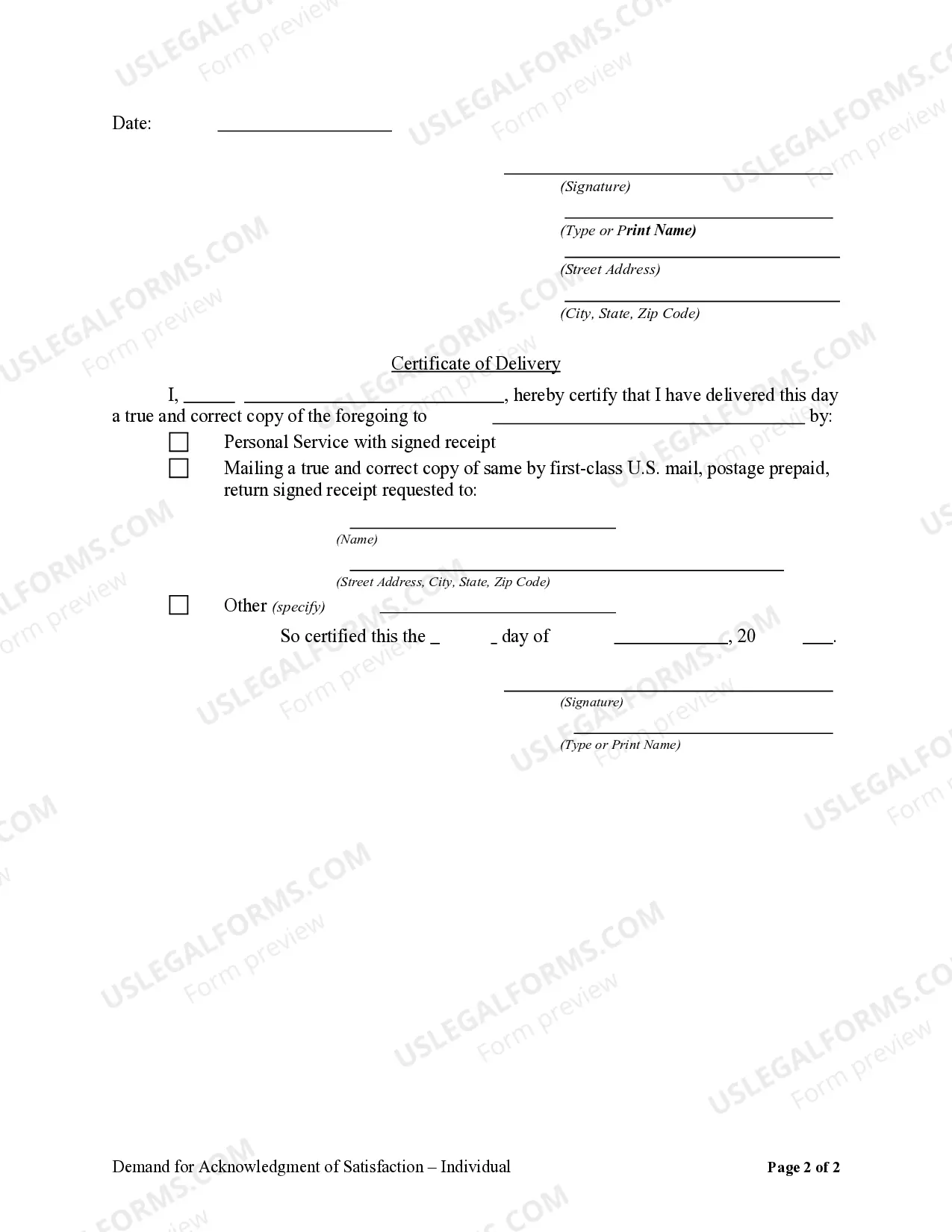 Preview Demand for Acknowledgment of Satisfaction - Individual
