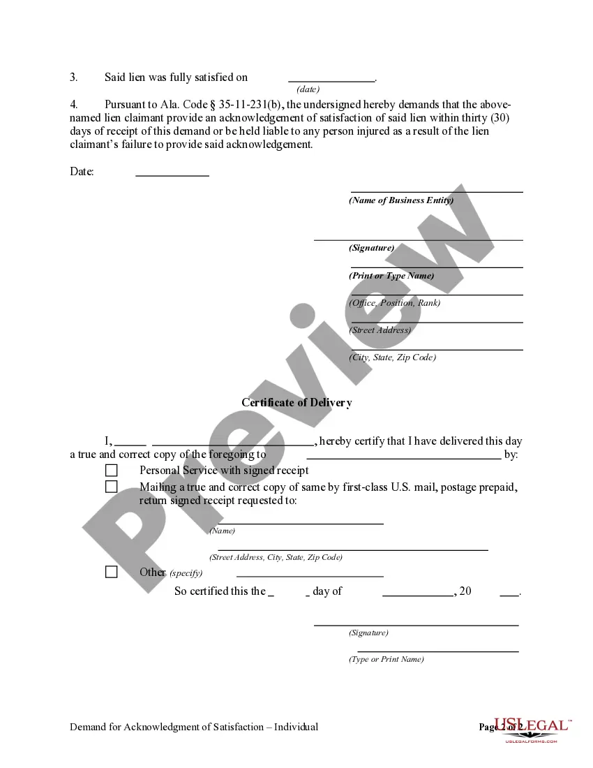 Preview Demand for Acknowledgment of Satisfaction by Corporation