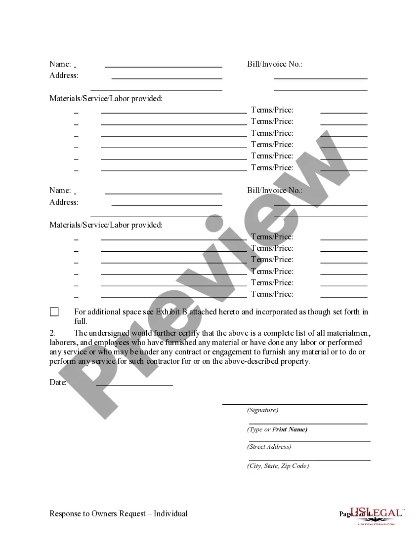 Preview Response to Owner's Request for Lien Information - Individual
