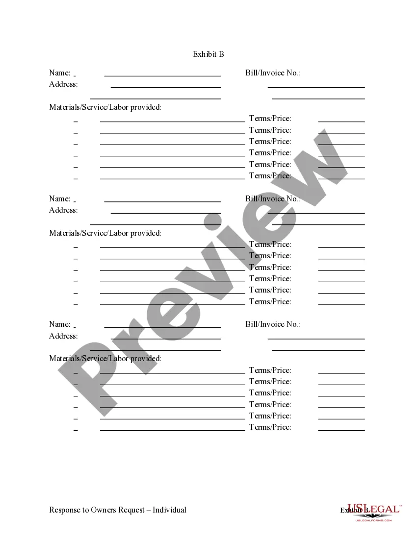 Preview Response to Owner's Request for Lien Information - Individual