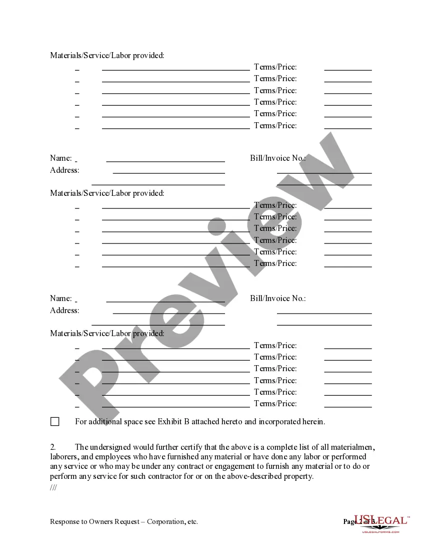 Preview Response to Owner's Request for Lien Information by Corporation