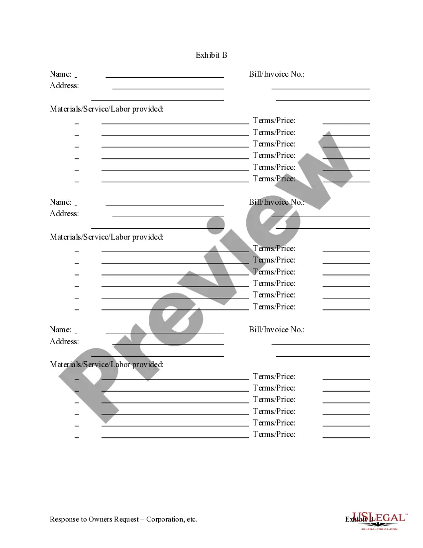Preview Response to Owner's Request for Lien Information by Corporation