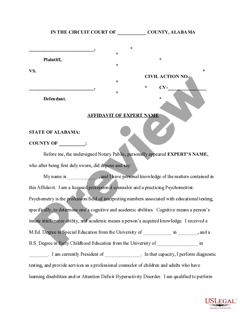 Alabama Affidavit form for expert US Legal Forms