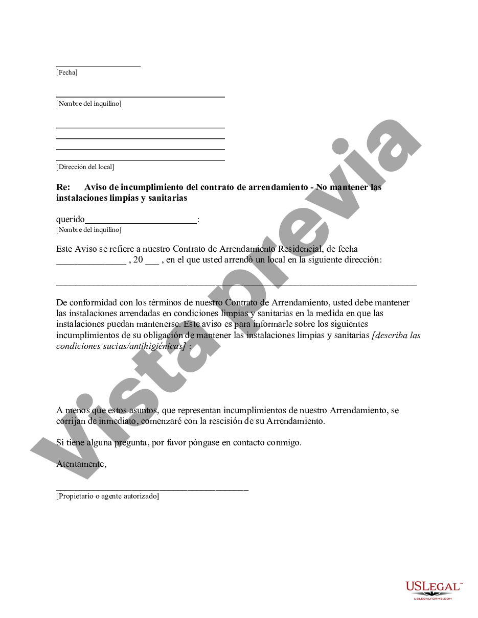 Alabama Carta del propietario al inquilino por no mantener las  instalaciones tan limpias y seguras como lo permite la condición de las  instalaciones - Carta De Terminacion De Contrato De Arrendamiento |