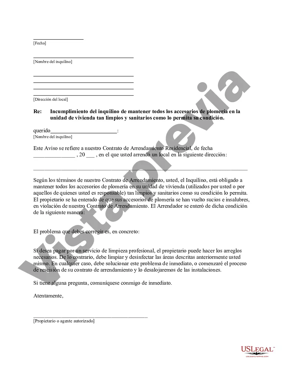 Alabama Carta Del Propietario Al Inquilino Por No Mantener Todos Los Accesorios De Plomería En 4162