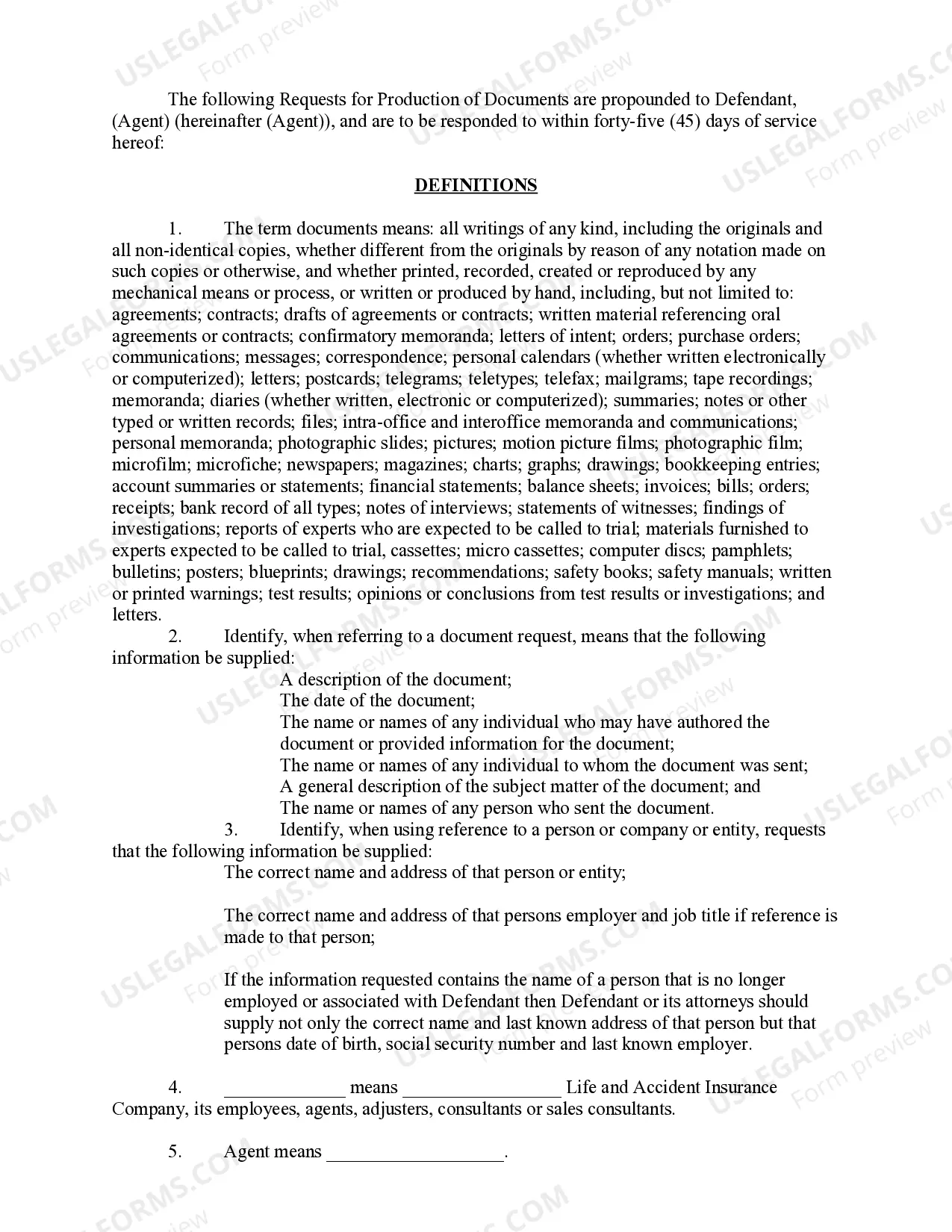 Preview Life Insurance Fraud - Requests for Production of Documents to Defendant Agent