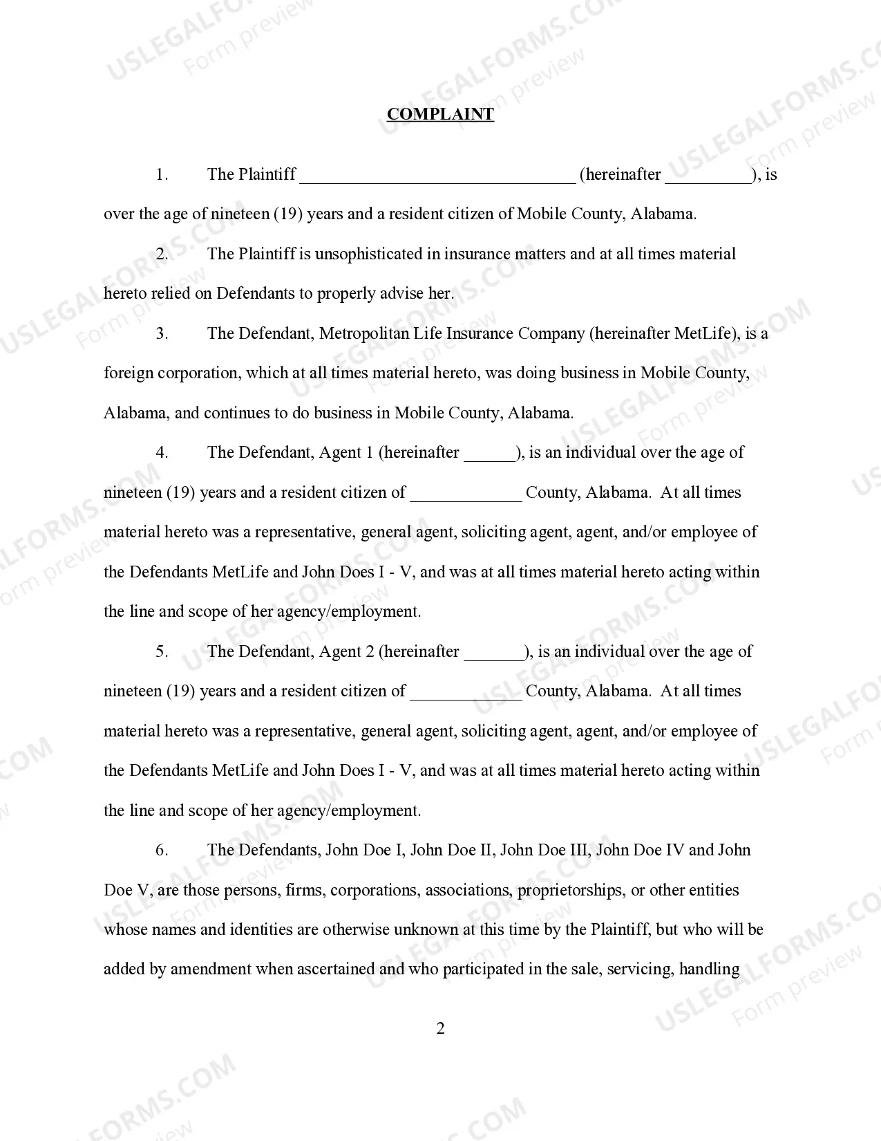 Preview Complaint for Insurance Fraud - Female Plaintiff form