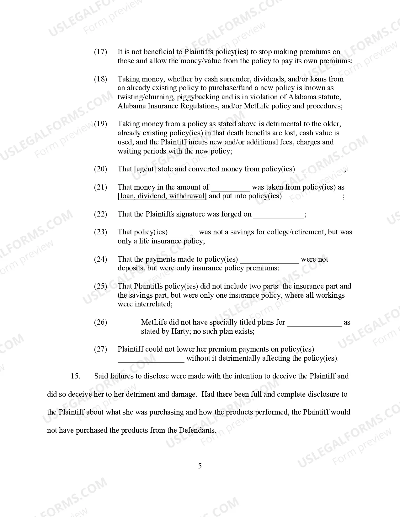 Preview Complaint for Insurance Fraud - Female Plaintiff form