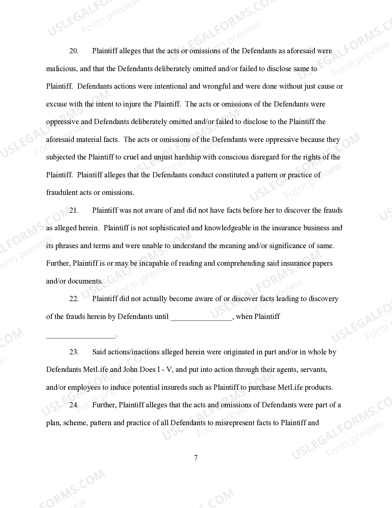 Preview Complaint for Insurance Fraud - Female Plaintiff form