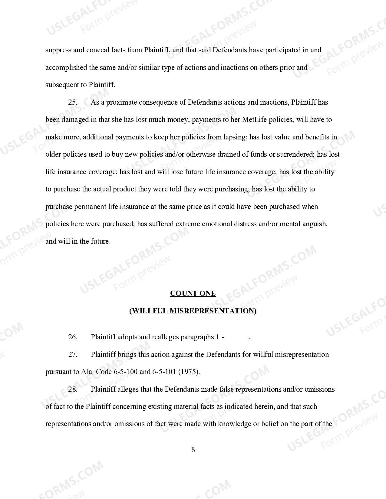 Preview Complaint for Insurance Fraud - Female Plaintiff form