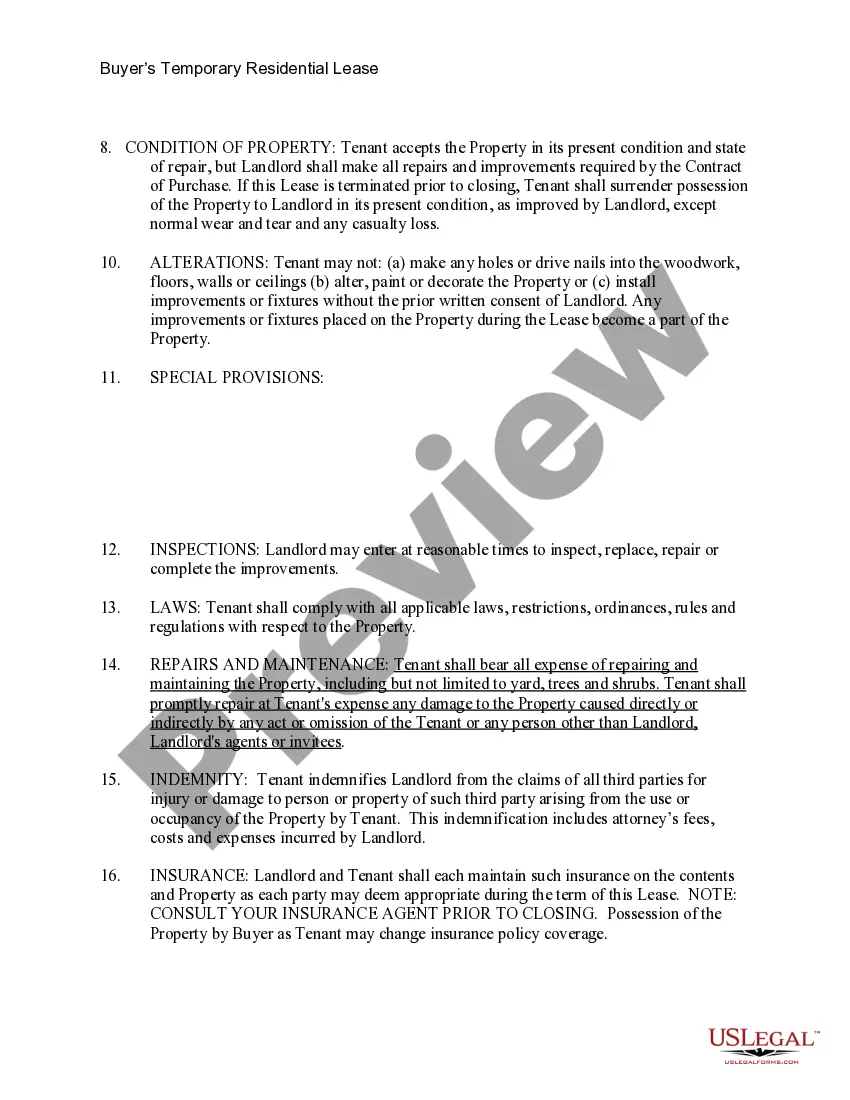 Get Temporary Lease Agreement to Prospective Buyer of Residence prior to Closing Preview Temporary Lease Agreement to Prospective Buyer of Residence prior to Closing
