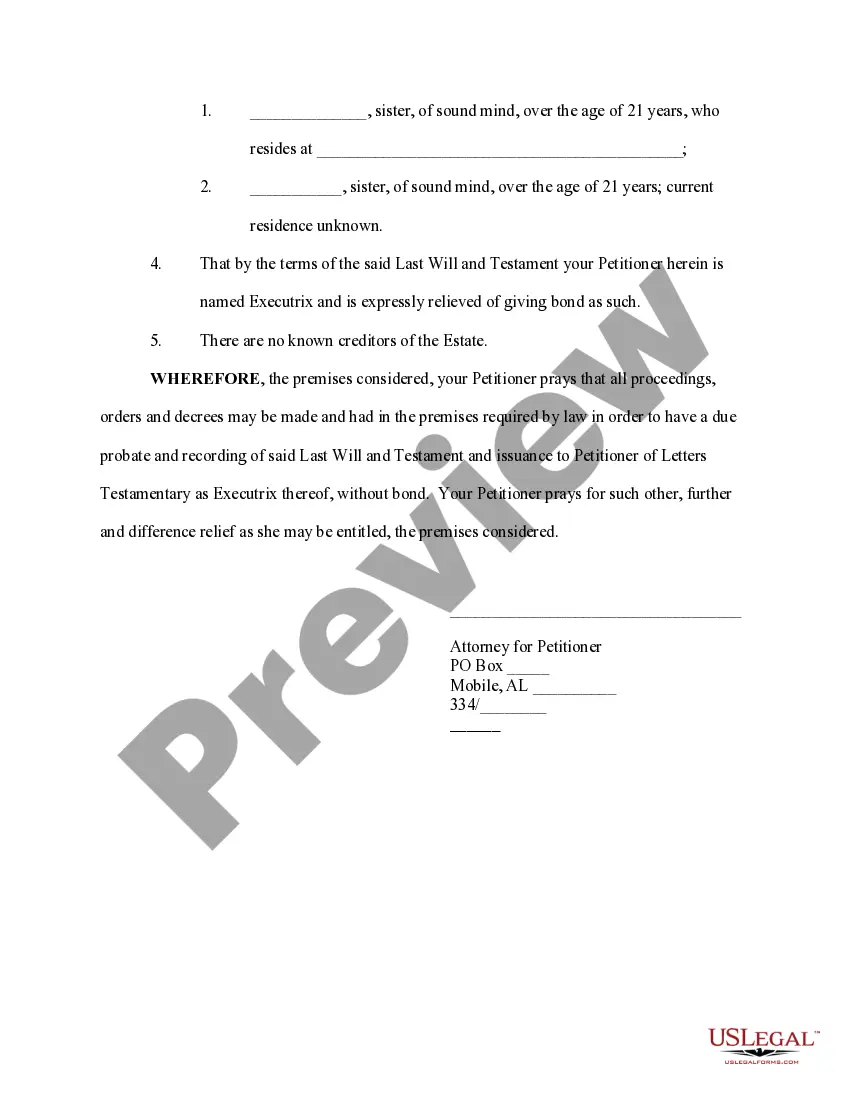 Preview Petition for Probate of Lost Will