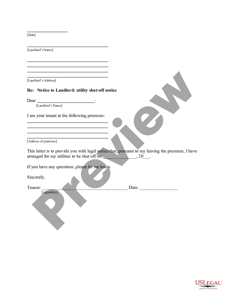 page 0 Letter from Tenant to Landlord - Utility shut off notice to landlord due to tenant vacating premises preview