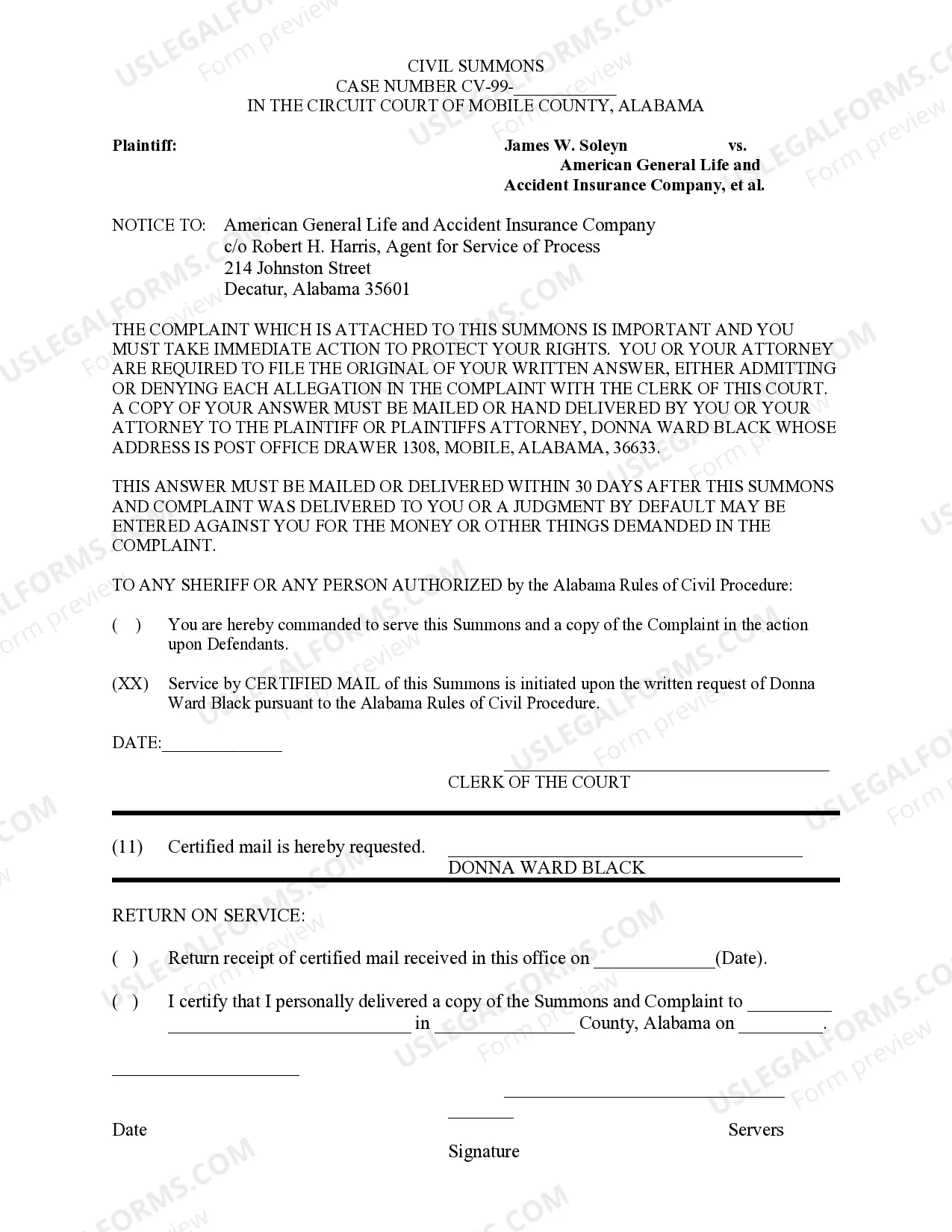 Preview Summons to Serve Defendant