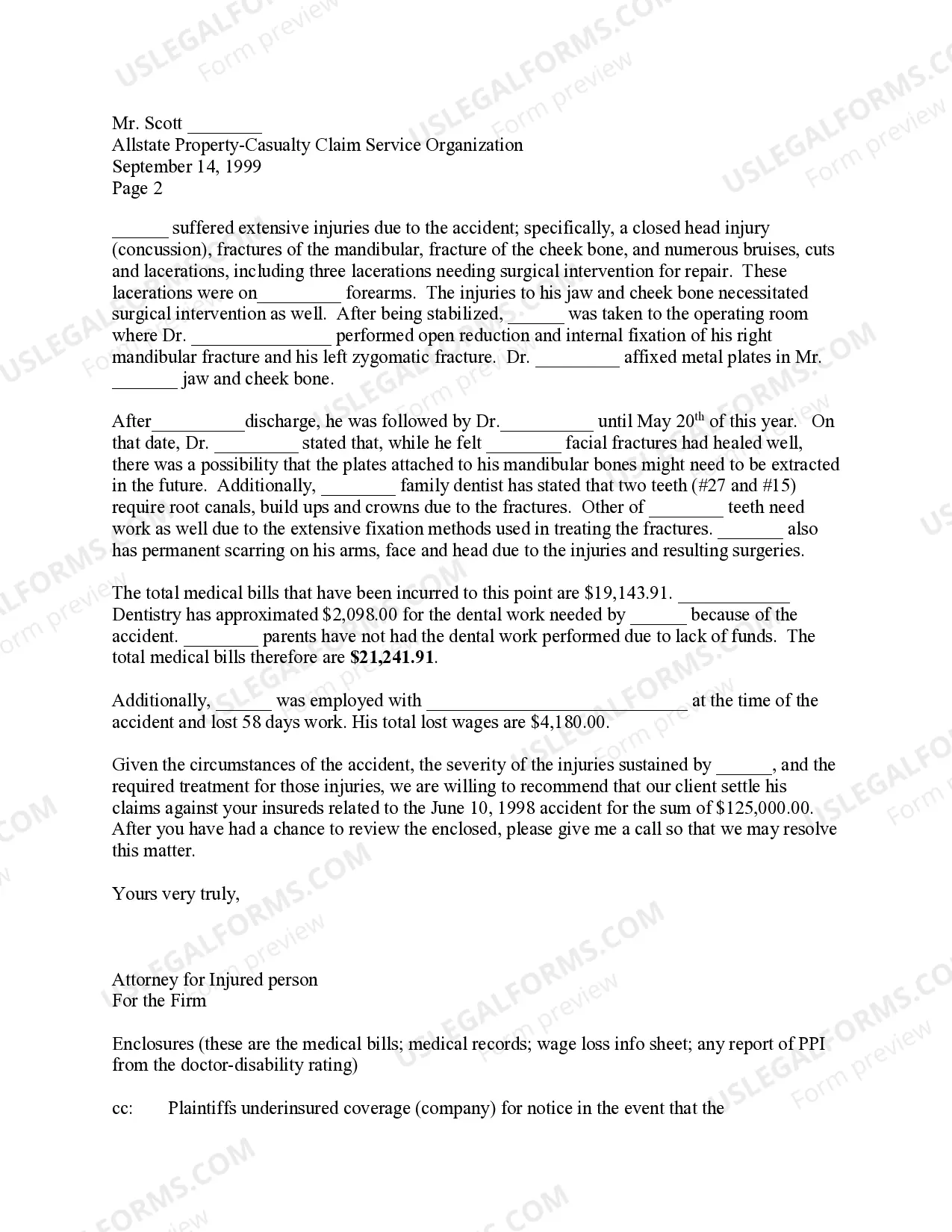 Preview Settlement Package Letter for Stating Cost of Medical Bills