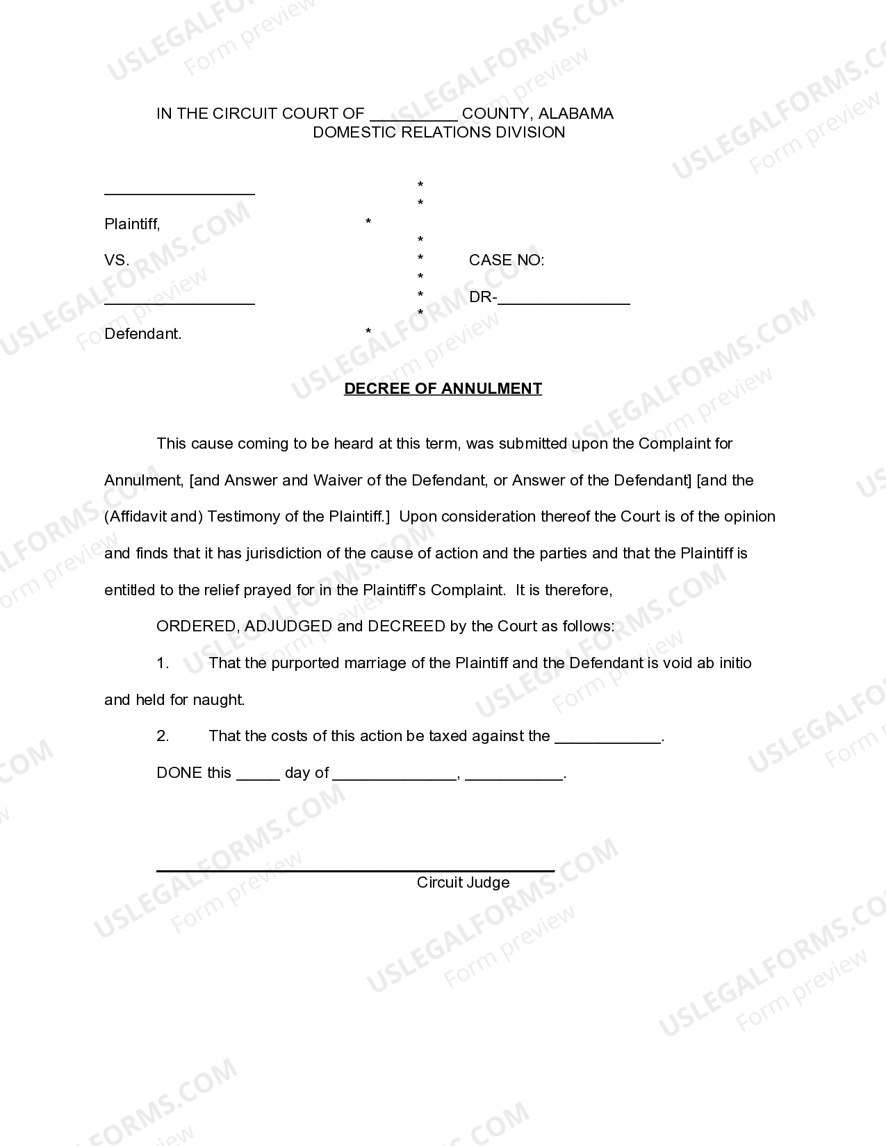 Alabama Decree of Annulment Annulment Alabama US Legal Forms