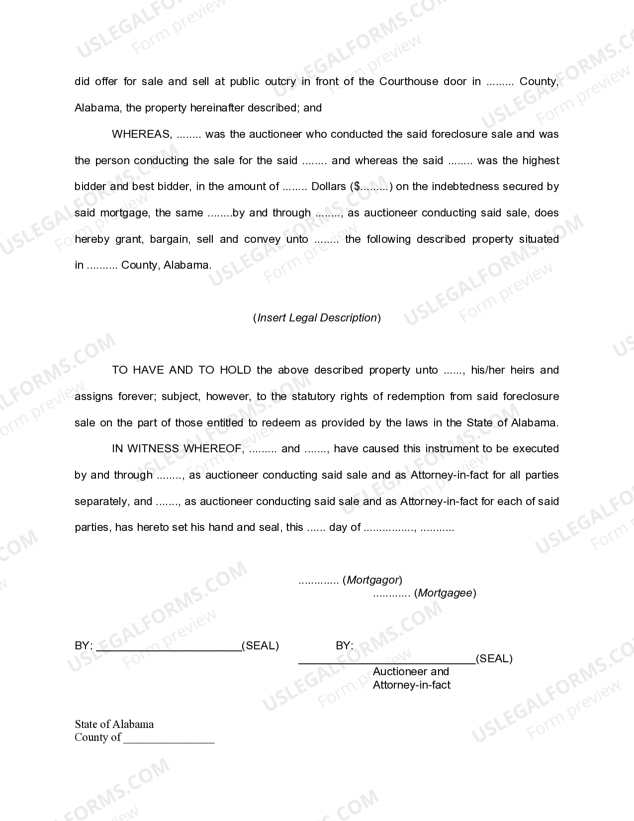 Alabama Auctioneer's Deed for Foreclosure Sale US Legal Forms
