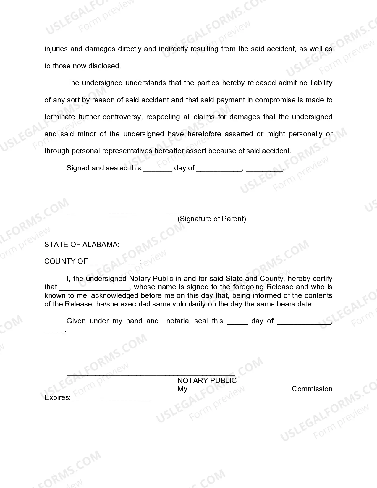 Preview Parents Release of Injuries