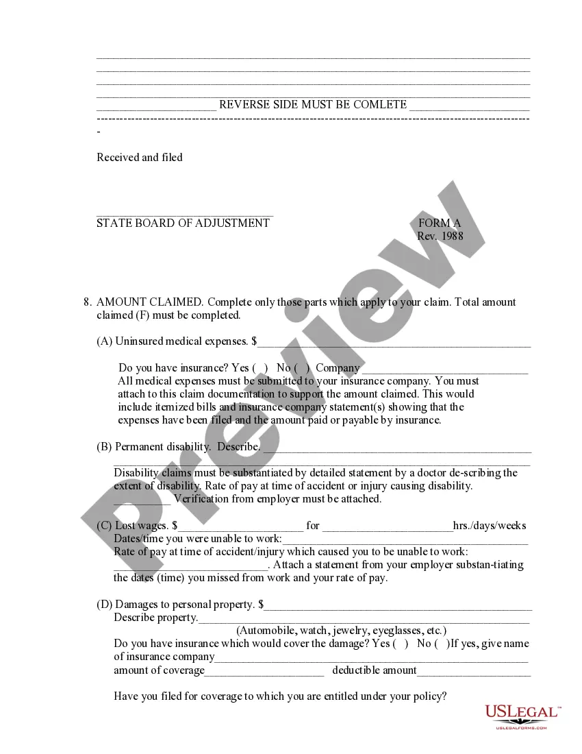 Preview Claim Form to State of Alabama Board of Adjustment for Personal Injury
