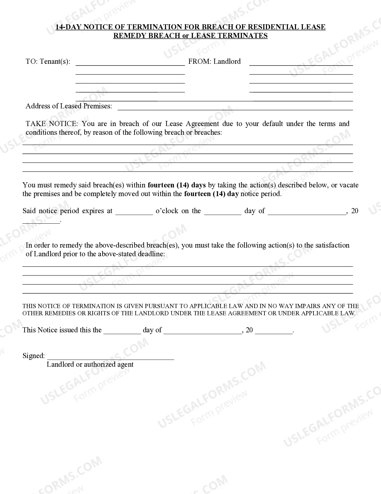 Preview 14 Day Notice to Tenant to Remedy Breach or Lease Terminates