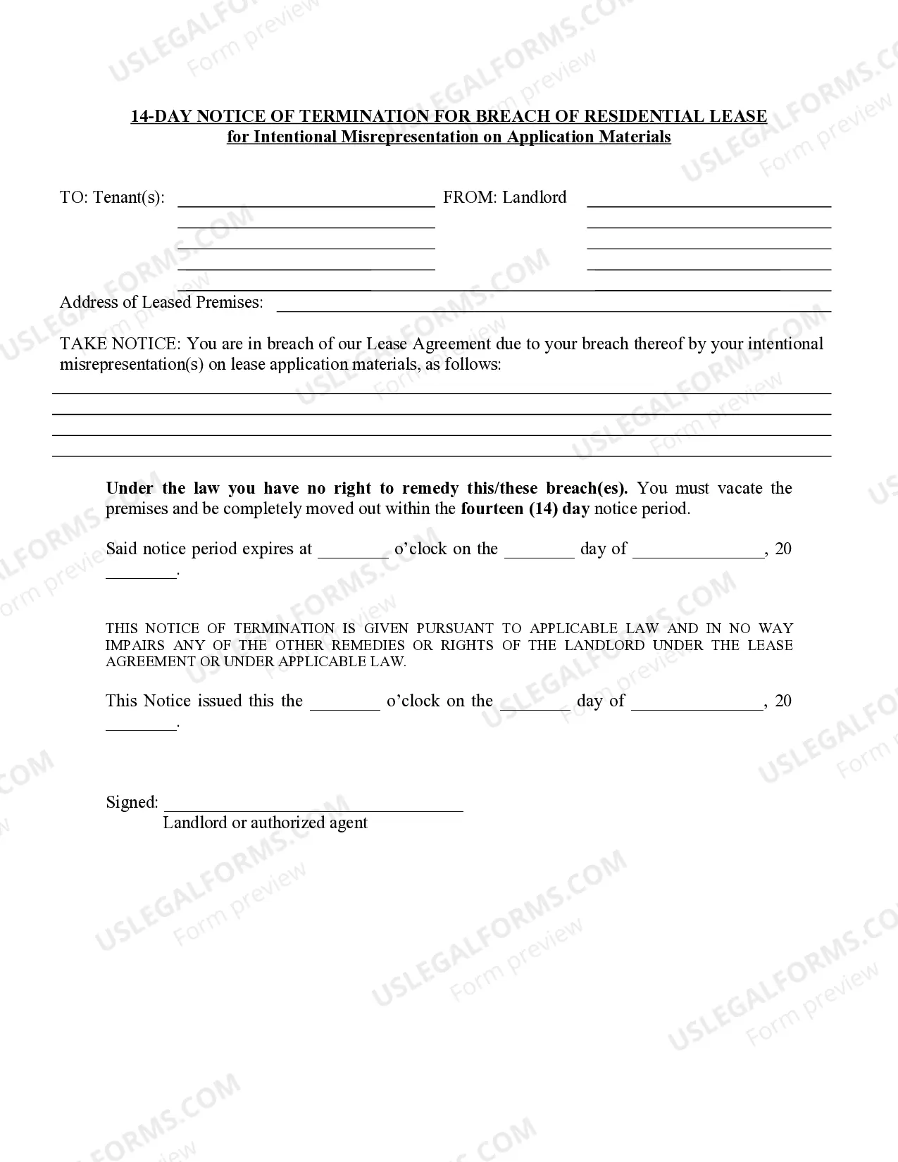 Preview 14 Day Notice to Tenant to Remedy Breach or Lease Terminates