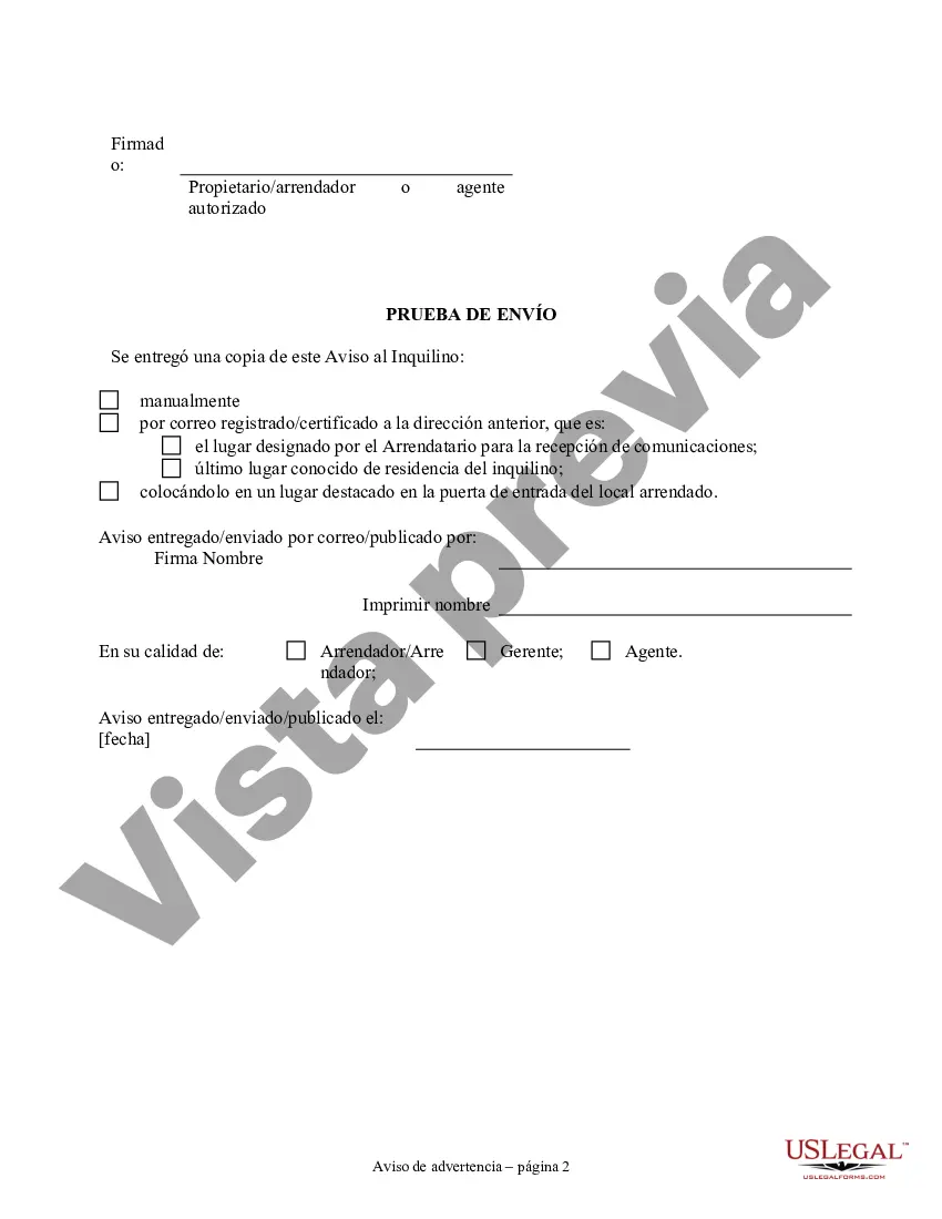 Preview Aviso de incumplimiento en el pago del alquiler como advertencia previa a la demanda de pago o rescisión de la propiedad residencial