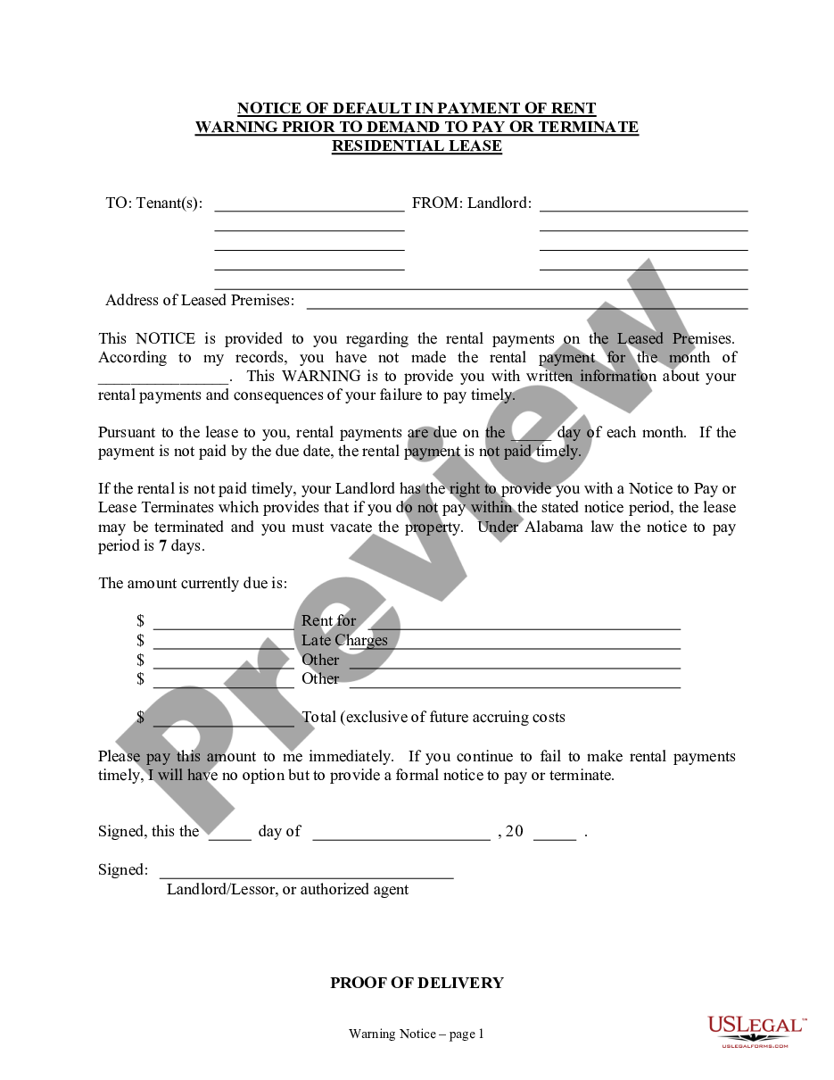 Alabama Notice Of Default In Payment Of Rent As Warning Prior To Demand To Pay Or Terminate For 3915