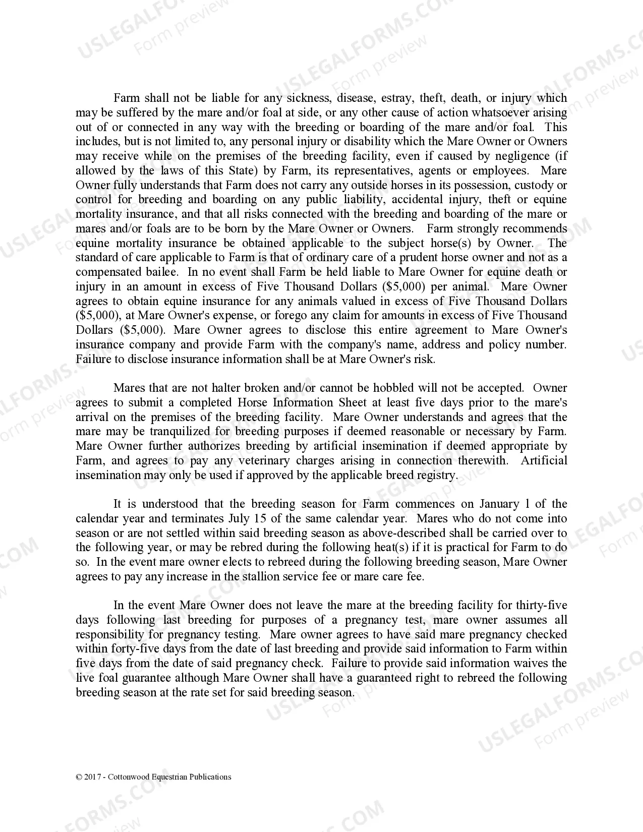 Preview Stallion Service Contract - Horse Equine Forms