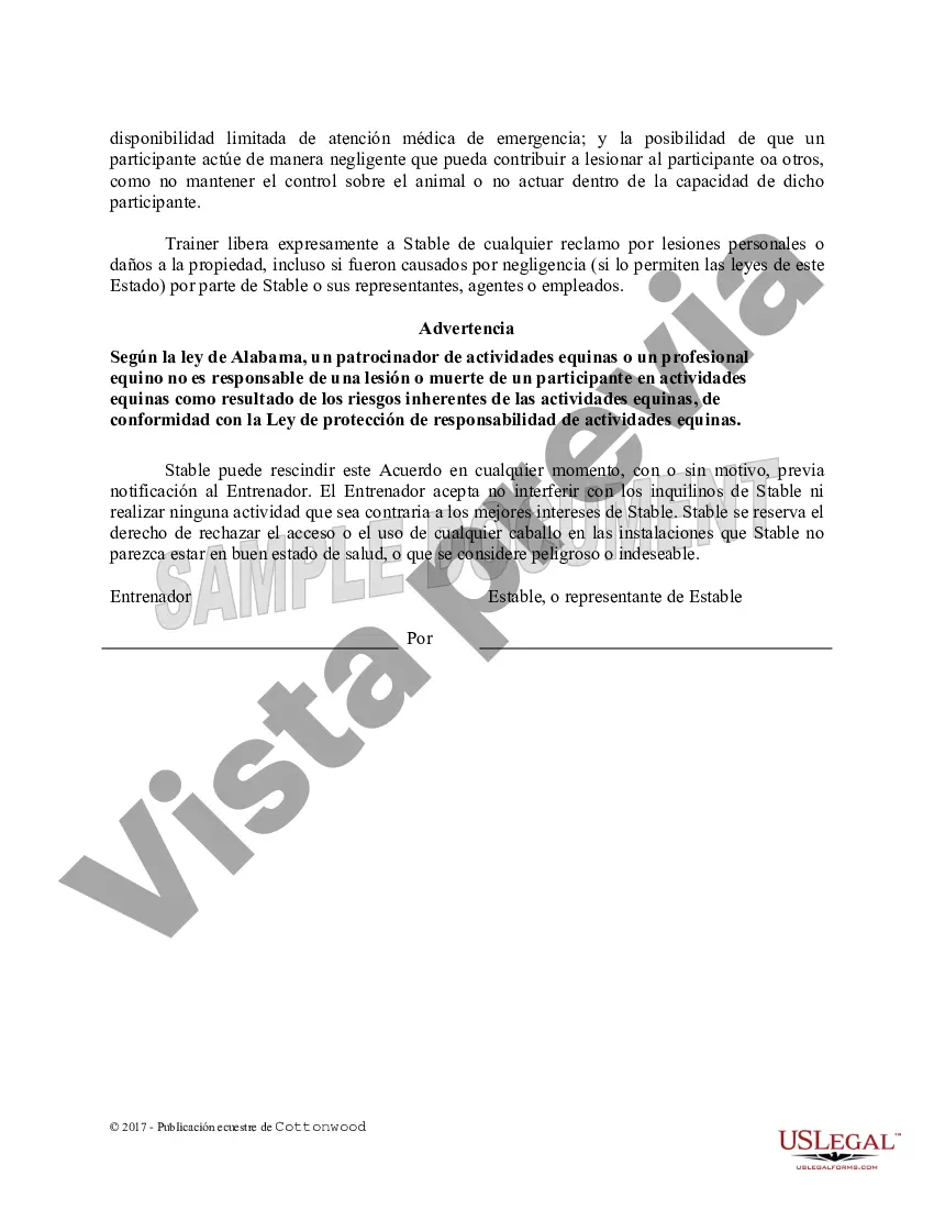 Preview Acuerdo de uso de las instalaciones del entrenador - Formularios equinos de caballos