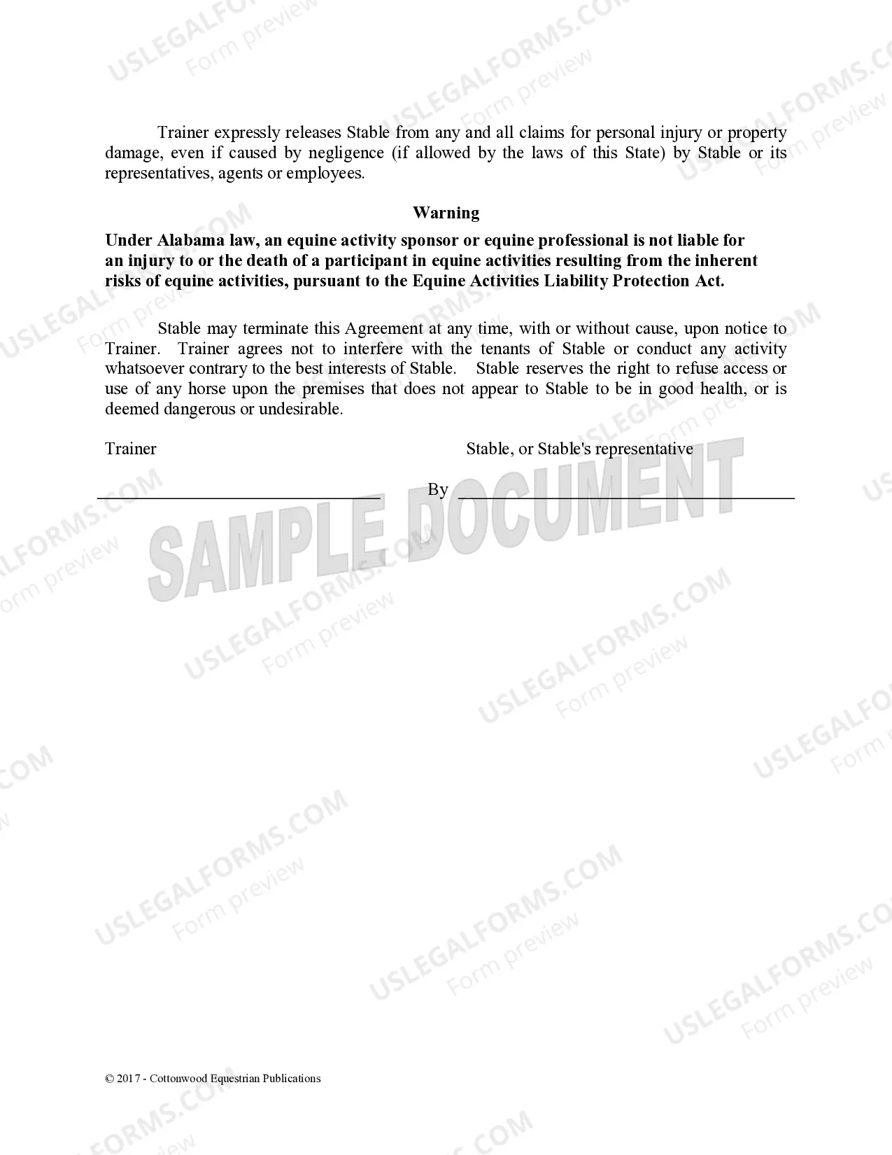 Preview Trainer's Facility Use Agreement - Horse Equine Forms