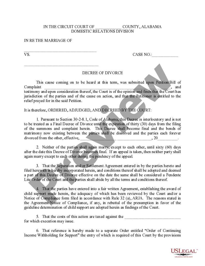 Alabama Decree Of Divorce Circuit Court Divorce Decree US Legal Forms