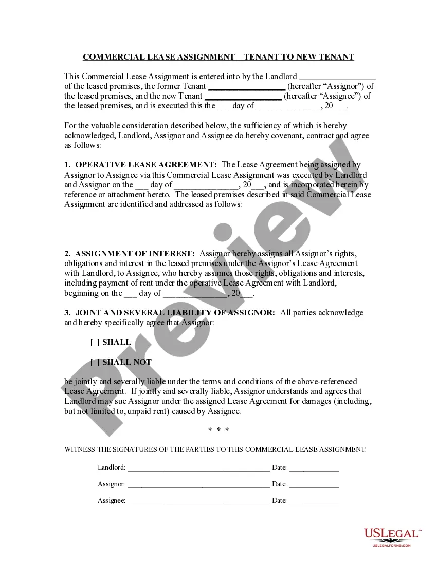Preview Commercial Lease Assignment from Tenant to New Tenant