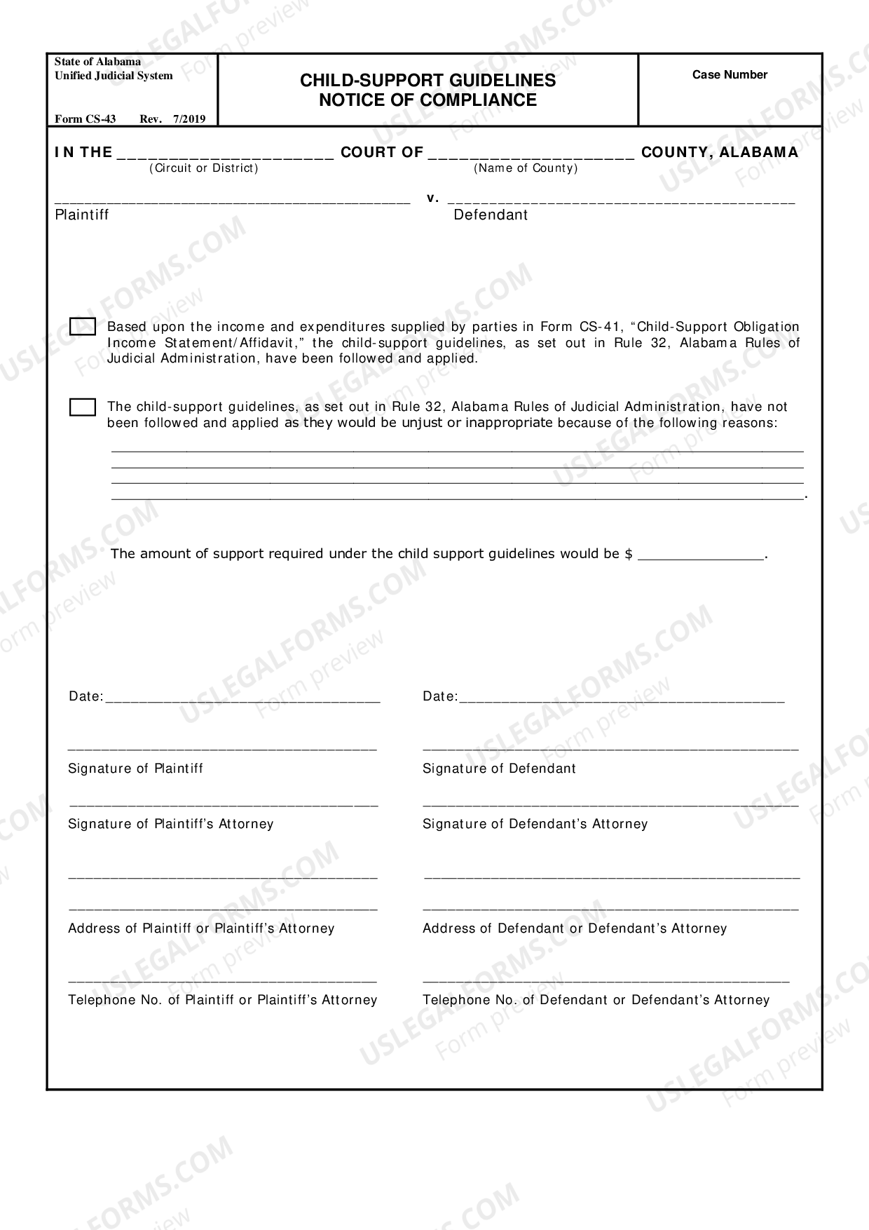 Huntsville Alabama Child Support Guideline Notice of Compliance US