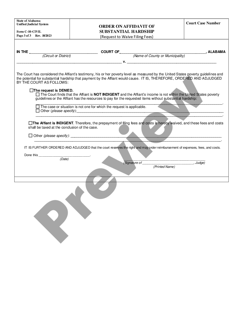 Alabama Affidavit Of Substantial Hardship And Order Affidavit Hardship Us Legal Forms 5265