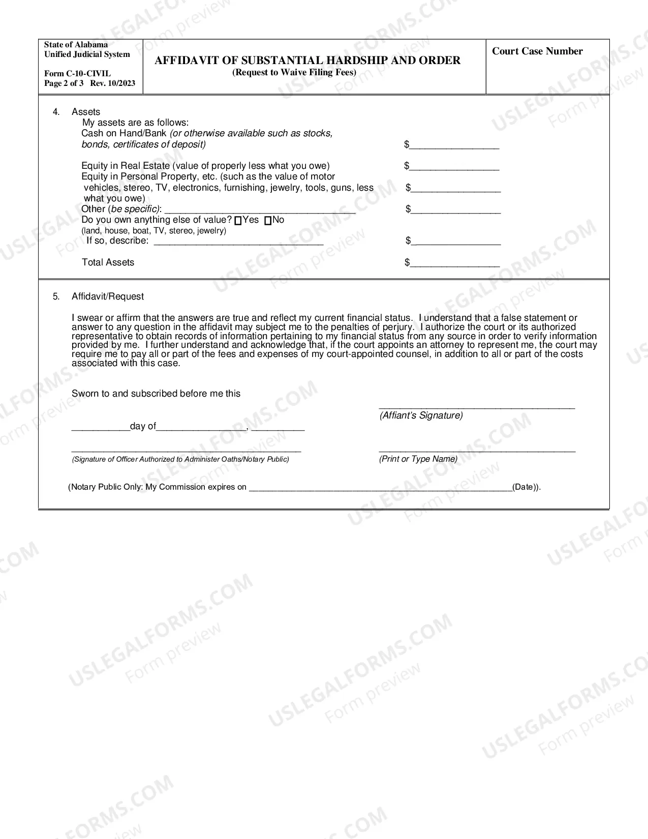 Preview Affidavit of Substantial Hardship and Order