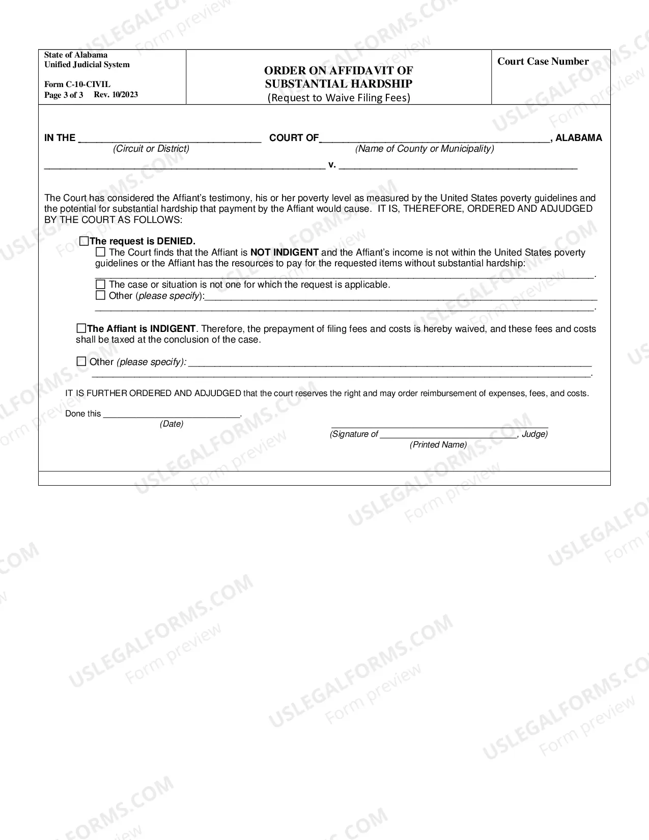 Preview Affidavit of Substantial Hardship and Order