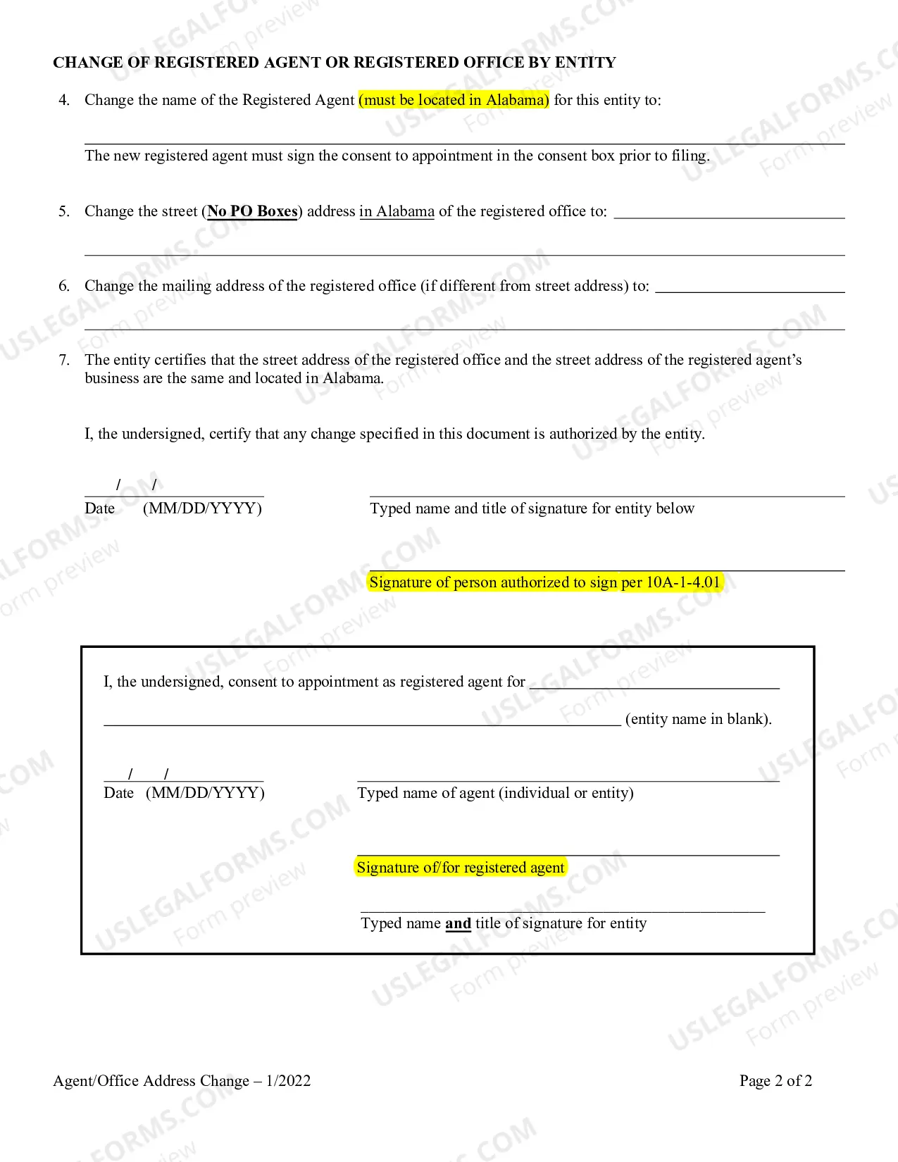 Preview Alabama Statement or Change of Registered Agent or Registered Office or Both