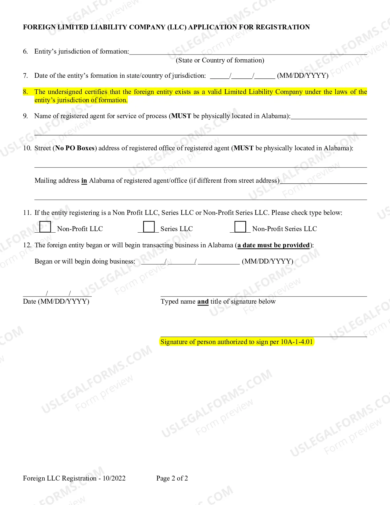 Preview Alabama Foreign Limited Liability Company LLC Application for Registration