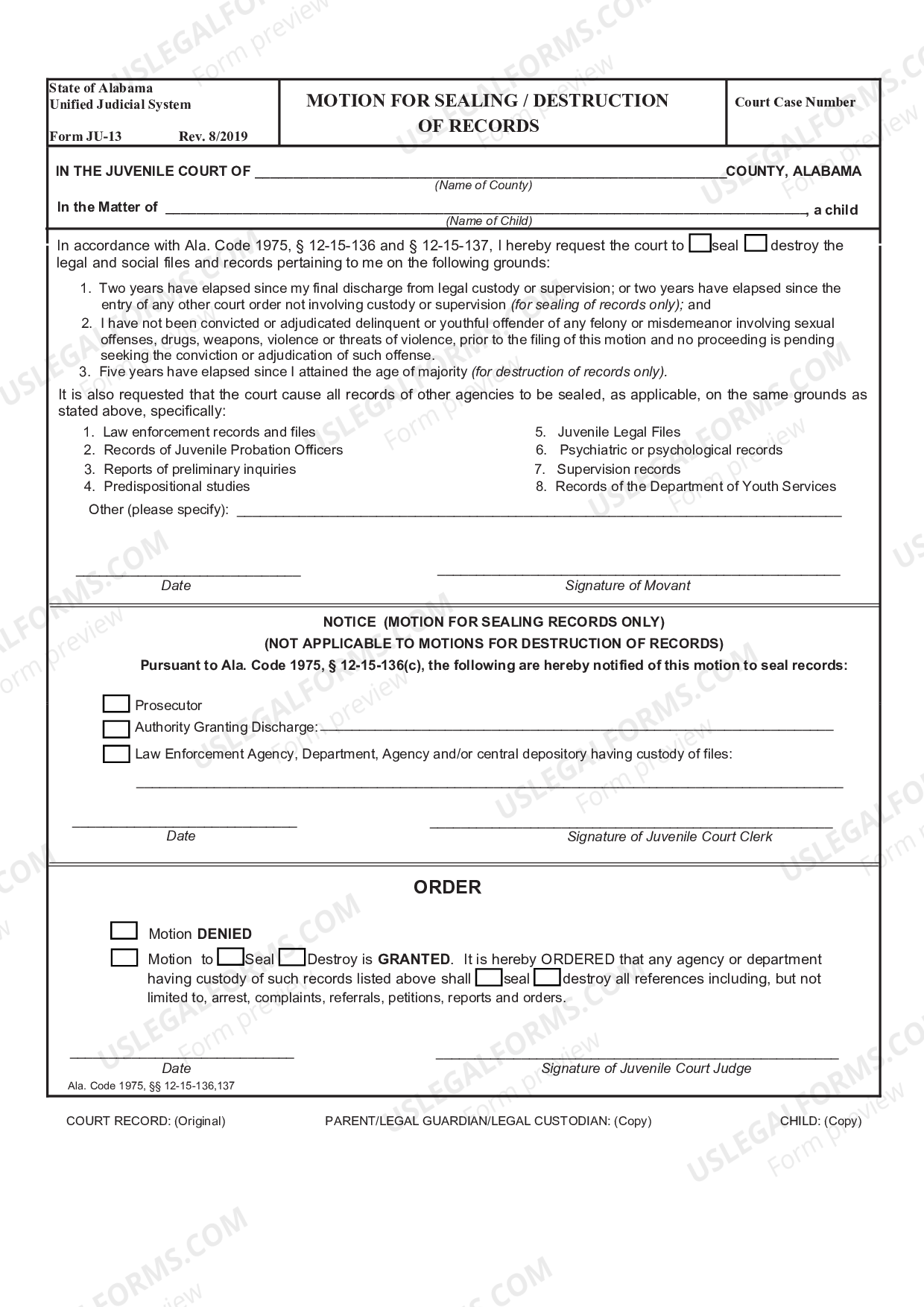Alabama Motion for the Sealing of Records US Legal Forms