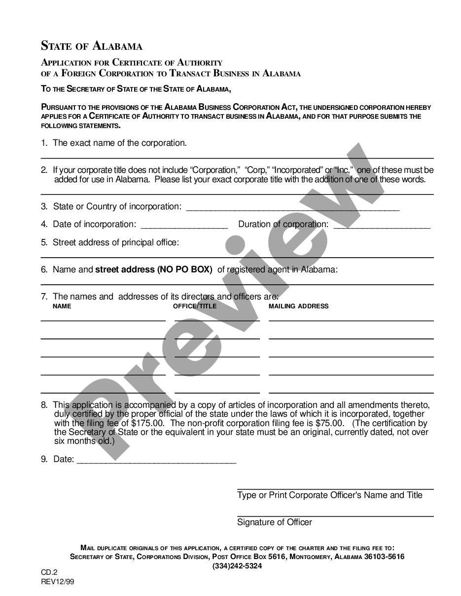 Application for Certificate of Authority for a Foreign Corporation to