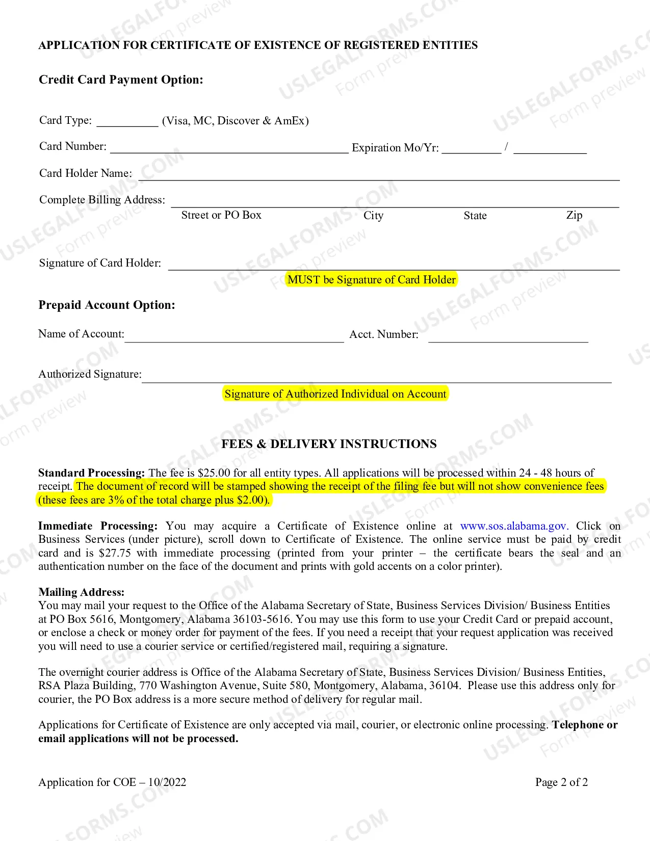 Preview Alabama Application for Certificate of Existence