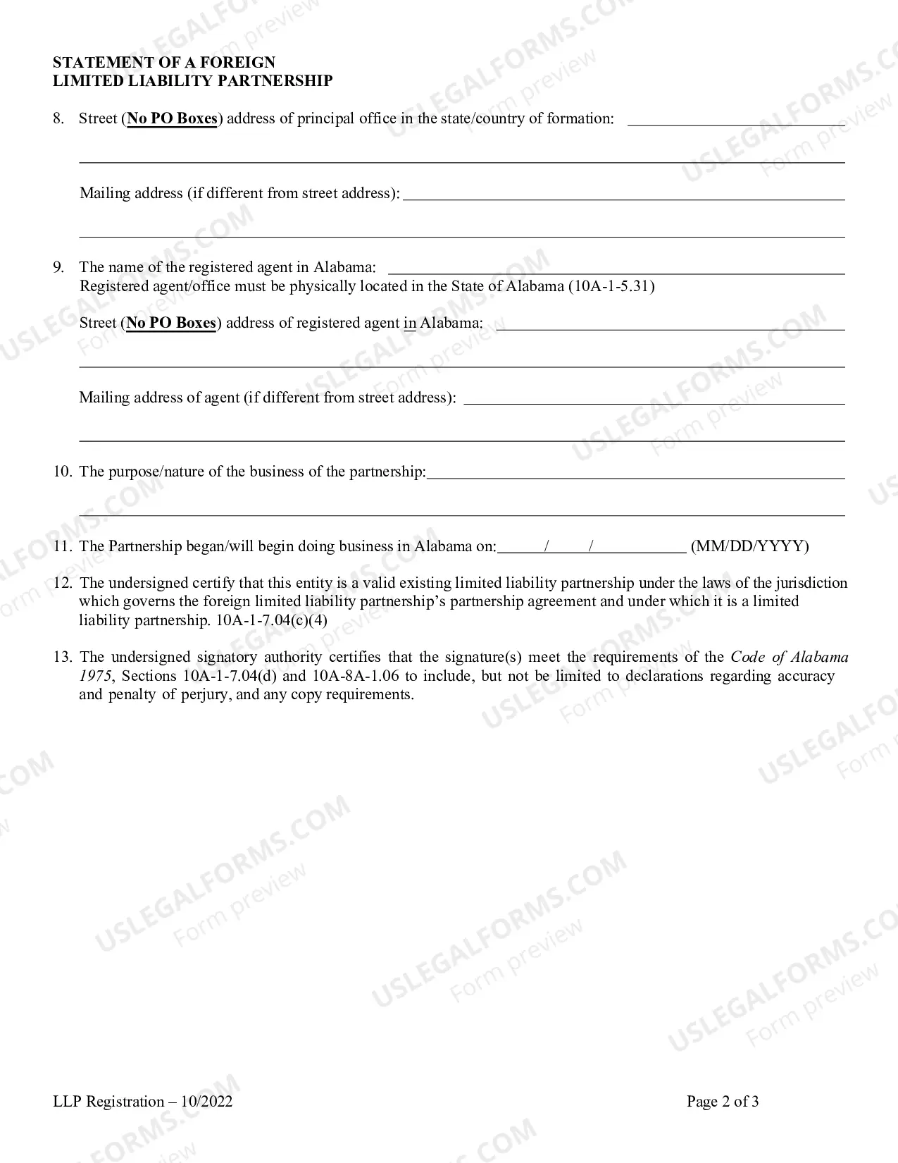 Preview Alabama Foreign Registered Limited Liability Partnership