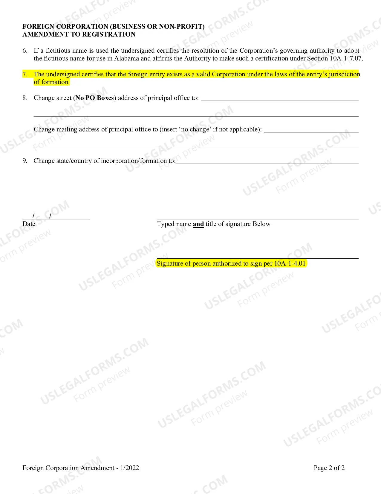 Preview Alabama Application for Amend Certificate of Authority for a Foreign Corporation