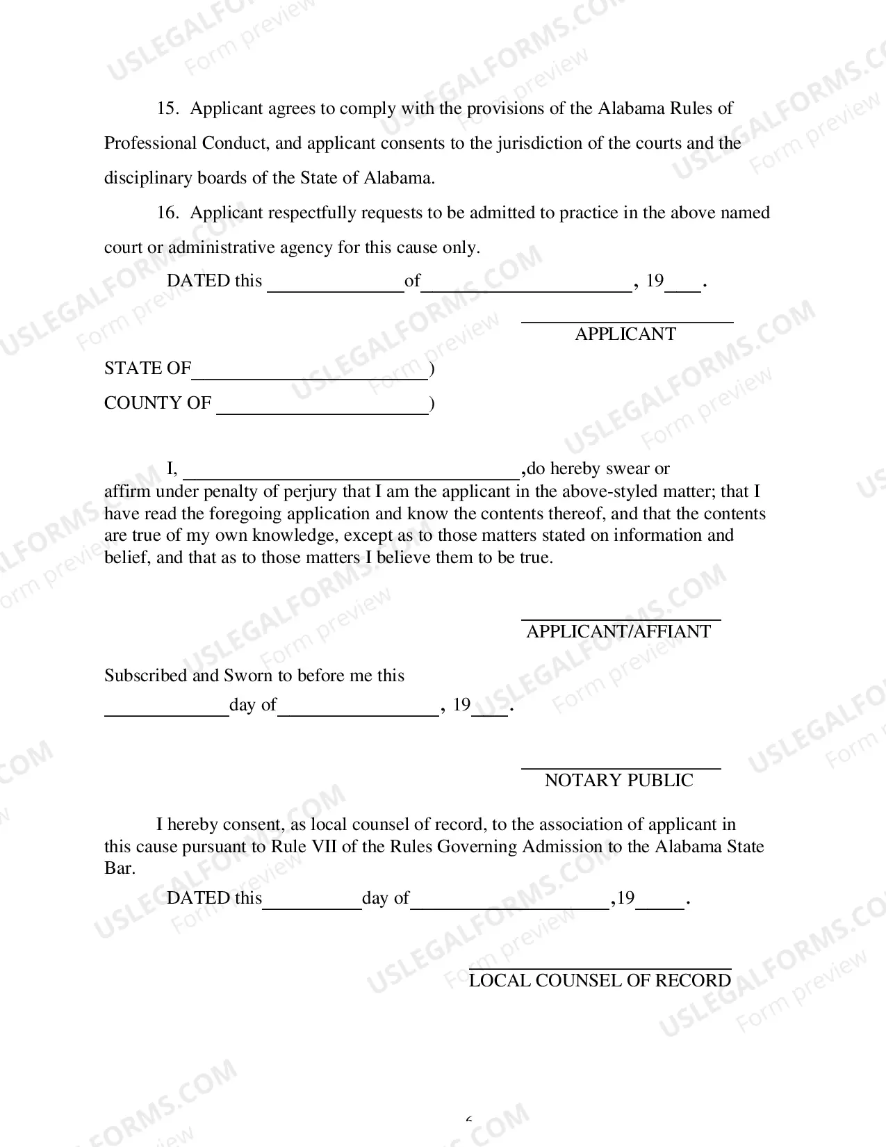 Preview Verified Application of Admission to Practice under Rule VII of the Rules Governing Admission to the Alabama State Bar
