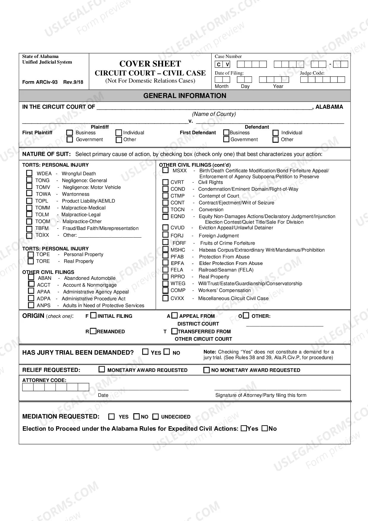 Preview Cover Sheet Circuit Court - Civil Case - Not for Domestic Relations Cases