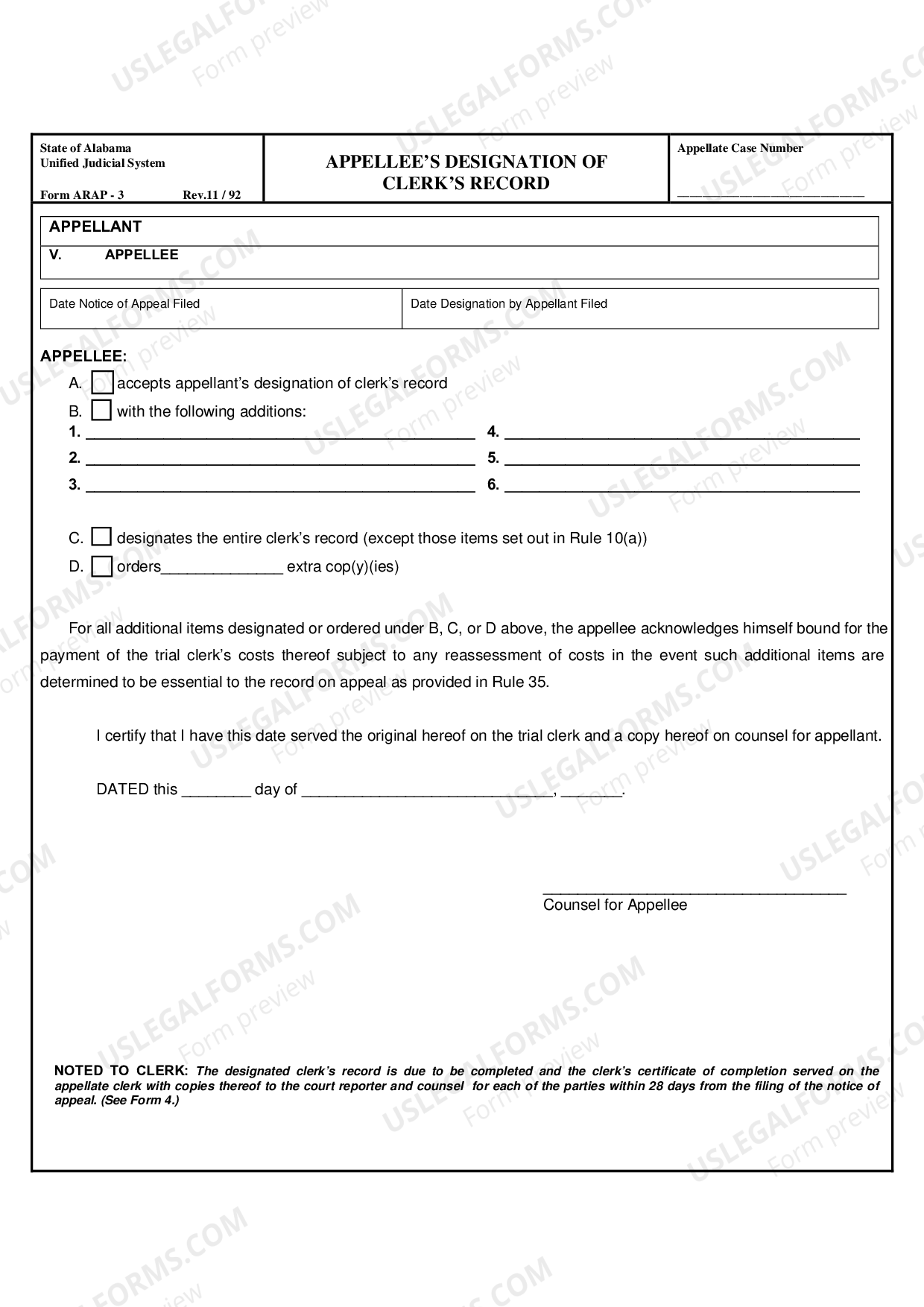 Alabama Appellee's Designation of Clerks Record US Legal Forms