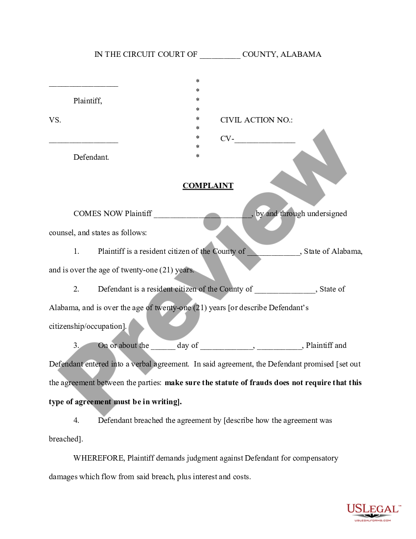 Alabama Complaint for Breach of Oral Contract | US Legal Forms